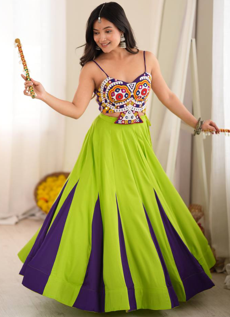 Heavy Rayon Embroidered Gota Patti Work Lime Green Garba Wear Lehenga