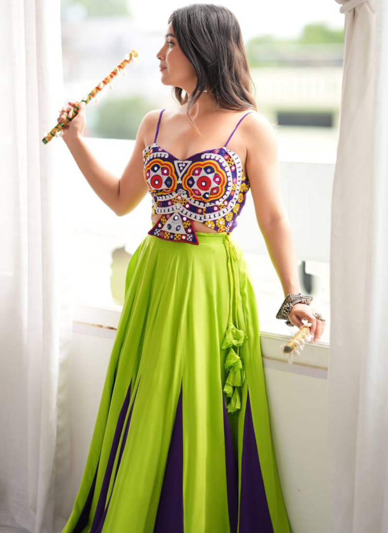 Heavy Rayon Embroidered Gota Patti Work Lime Green Garba Wear Lehenga