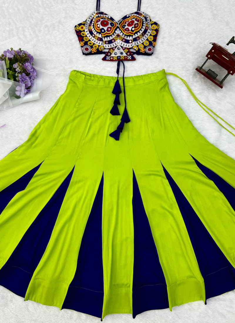 Heavy Rayon Embroidered Gota Patti Work Lime Green Garba Wear Lehenga