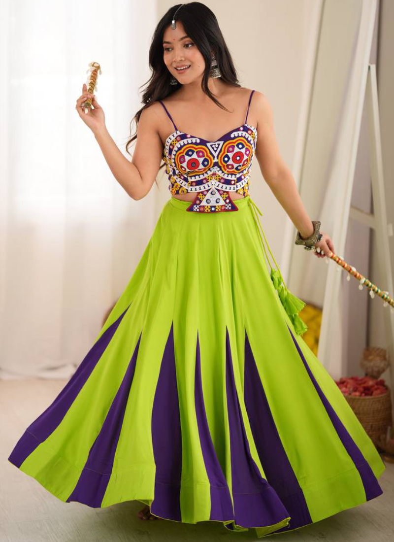 Heavy Rayon Embroidered Gota Patti Work Lime Green Garba Wear Lehenga