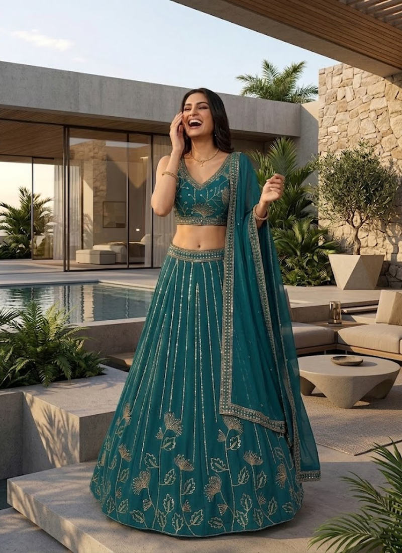 Heavy Sequence Embroidered Georgette Lehenga Choli In Teal Green Colour