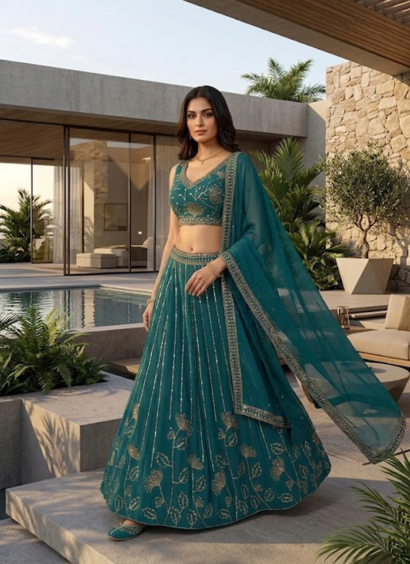 Heavy Sequence Embroidered Georgette Lehenga Choli In Teal Green Colour