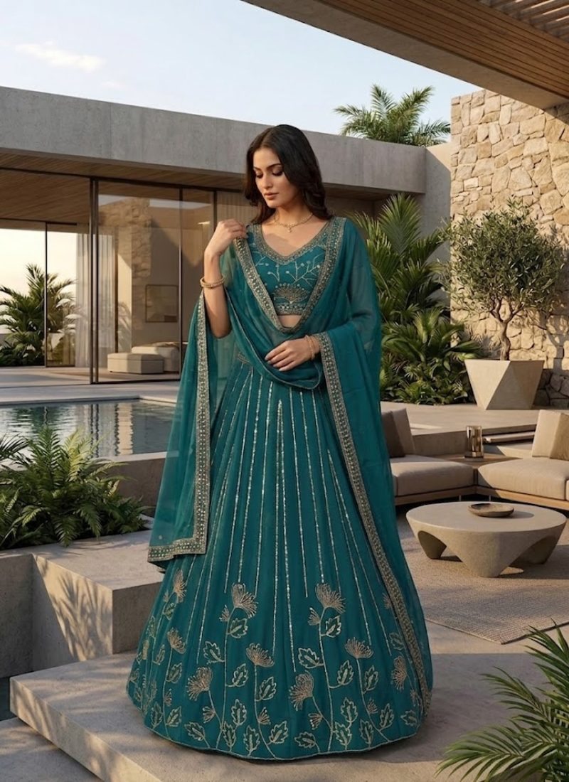 Heavy Sequence Embroidered Georgette Lehenga Choli In Teal Green Colour