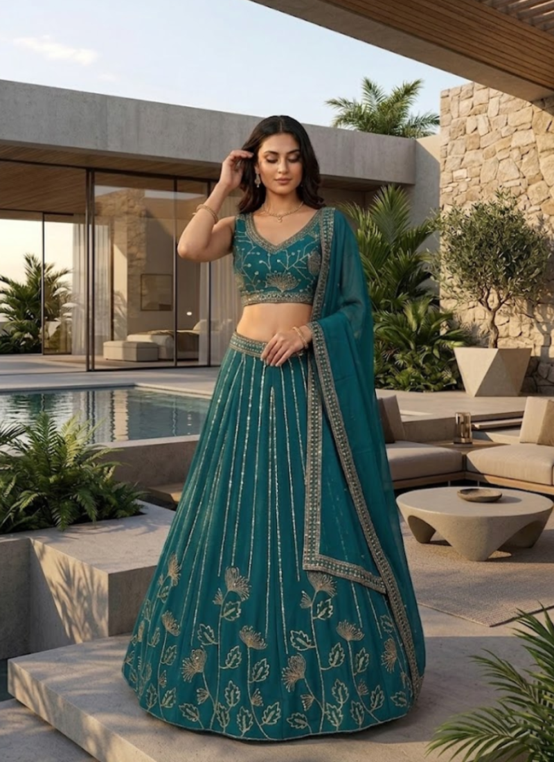 Heavy Sequence Embroidered Georgette Lehenga Choli In Teal Green Colour