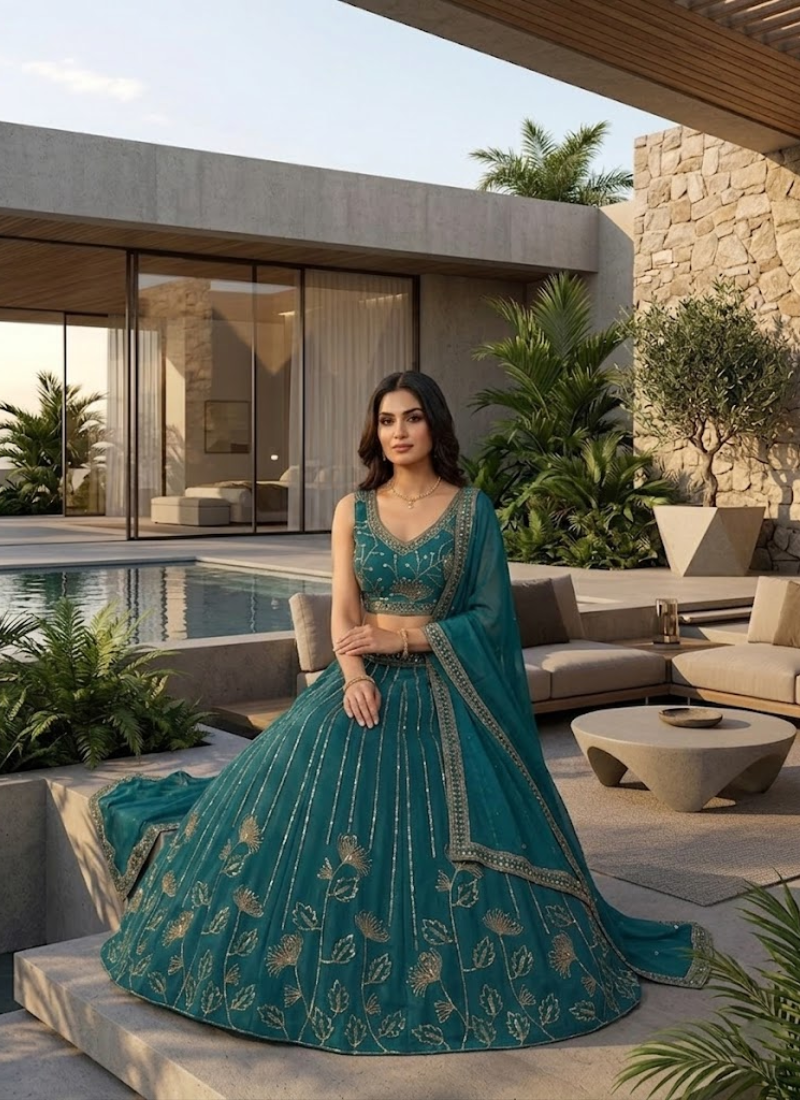 Heavy Sequence Embroidered Georgette Lehenga Choli In Teal Green Colour