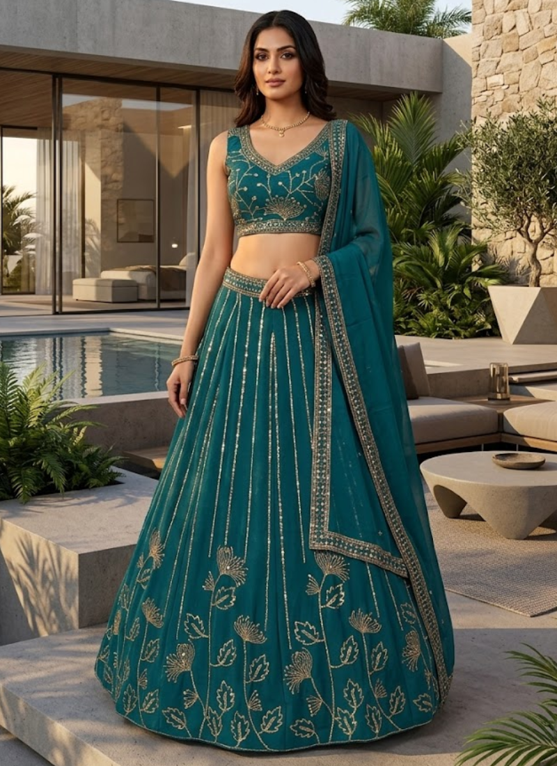 Heavy Sequence Embroidered Georgette Lehenga Choli In Teal Green Colour