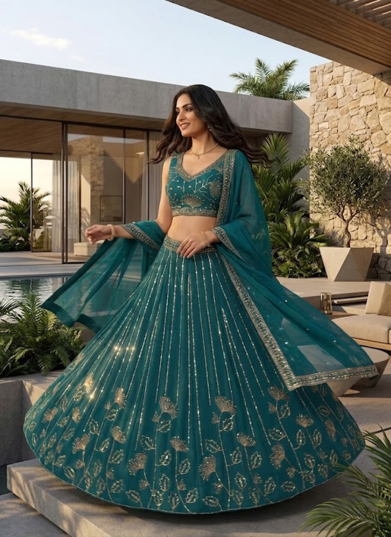 Heavy Sequence Embroidered Georgette Lehenga Choli In Teal Green Colour
