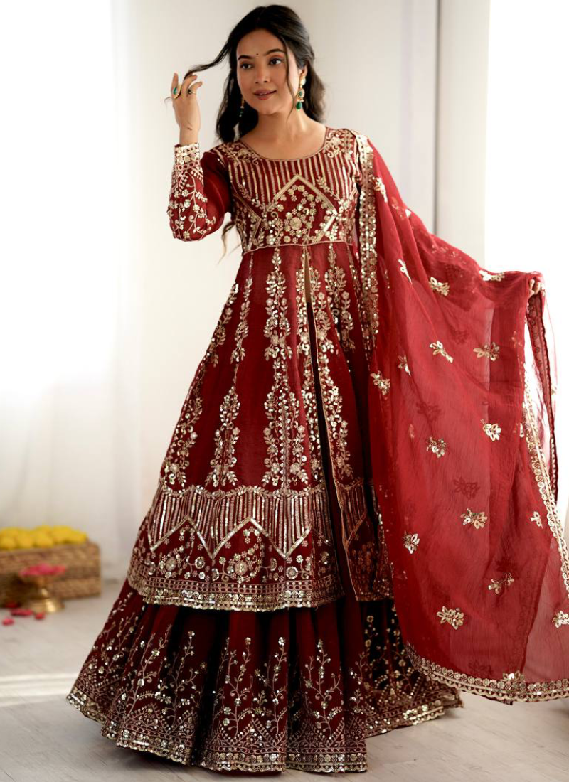 Heavy Sequence Embroidered Maroon Crunchy Silk Anarkali Lehenga Set