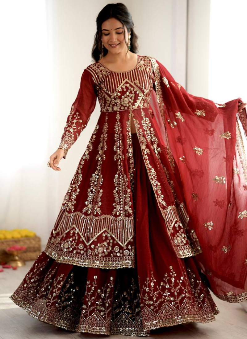 Heavy Sequence Embroidered Maroon Crunchy Silk Anarkali Lehenga Set