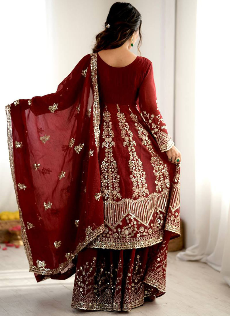 Heavy Sequence Embroidered Maroon Crunchy Silk Anarkali Lehenga Set