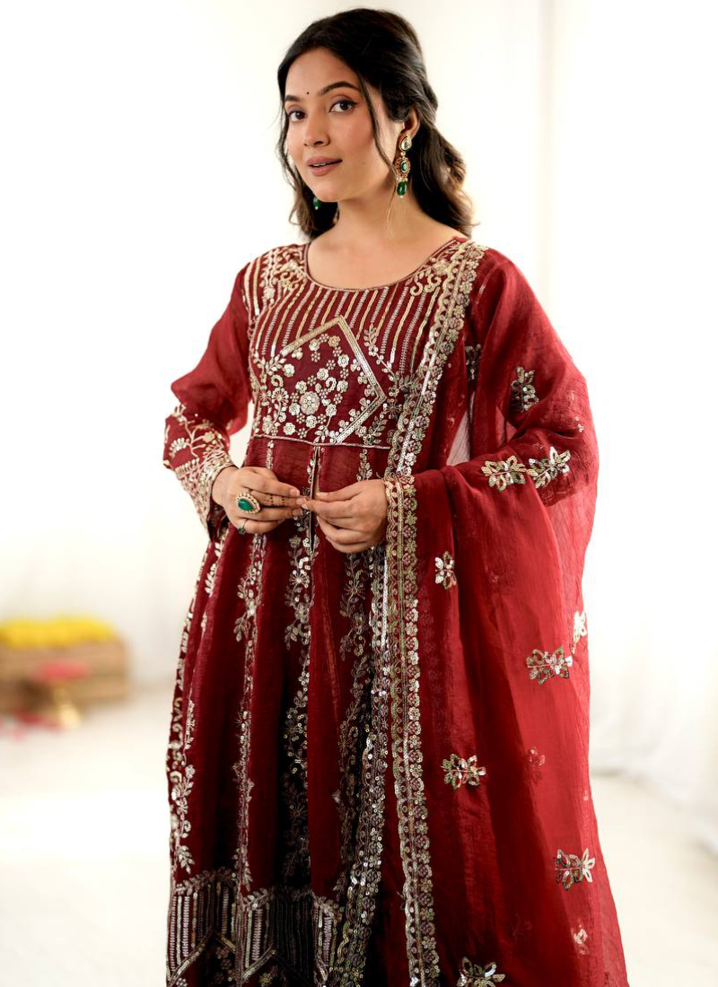 Heavy Sequence Embroidered Maroon Crunchy Silk Anarkali Lehenga Set