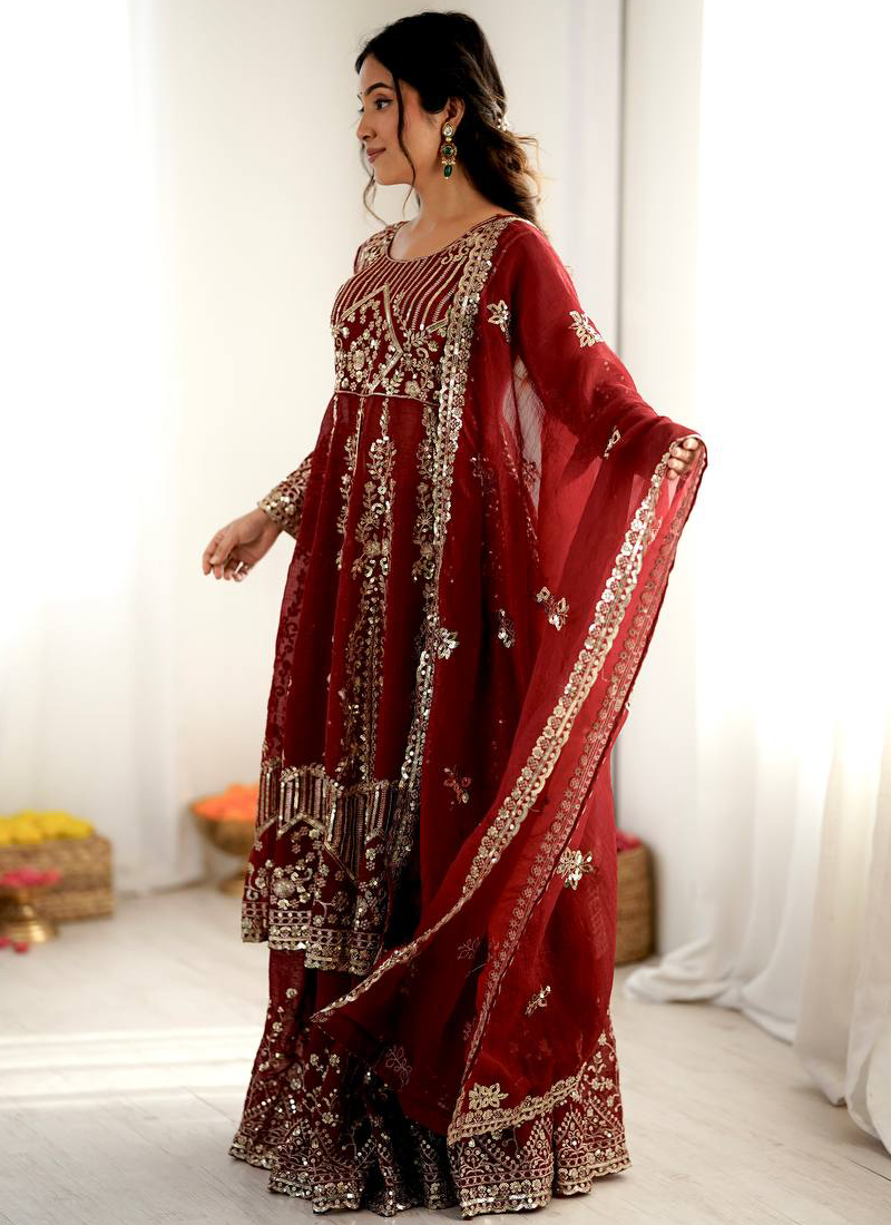 Heavy Sequence Embroidered Maroon Crunchy Silk Anarkali Lehenga Set