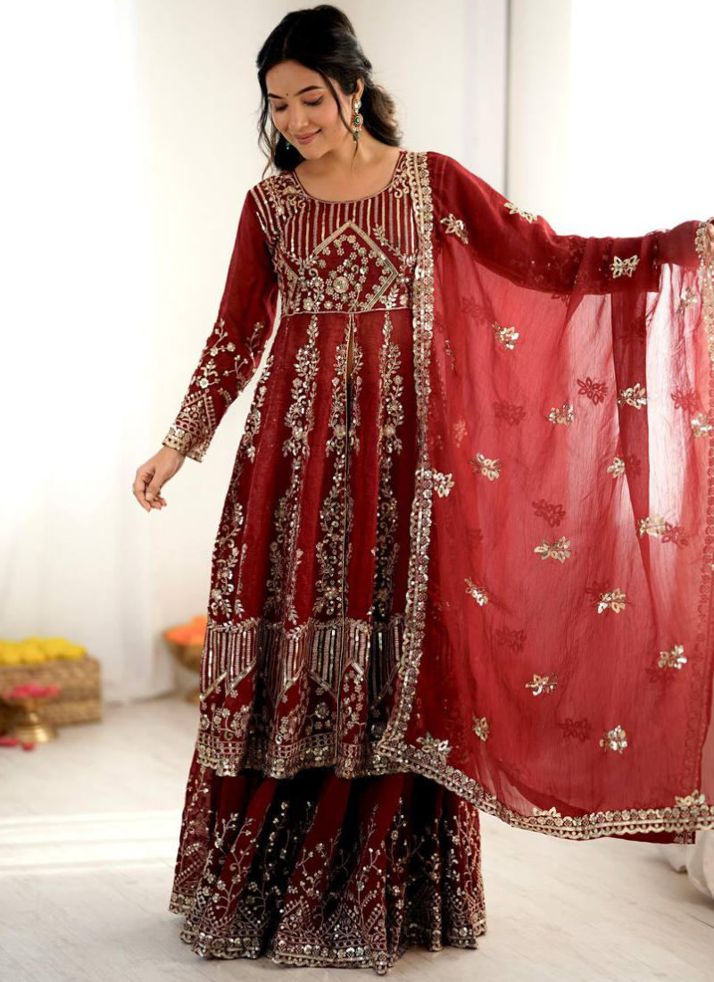 Heavy Sequence Embroidered Maroon Crunchy Silk Anarkali Lehenga Set