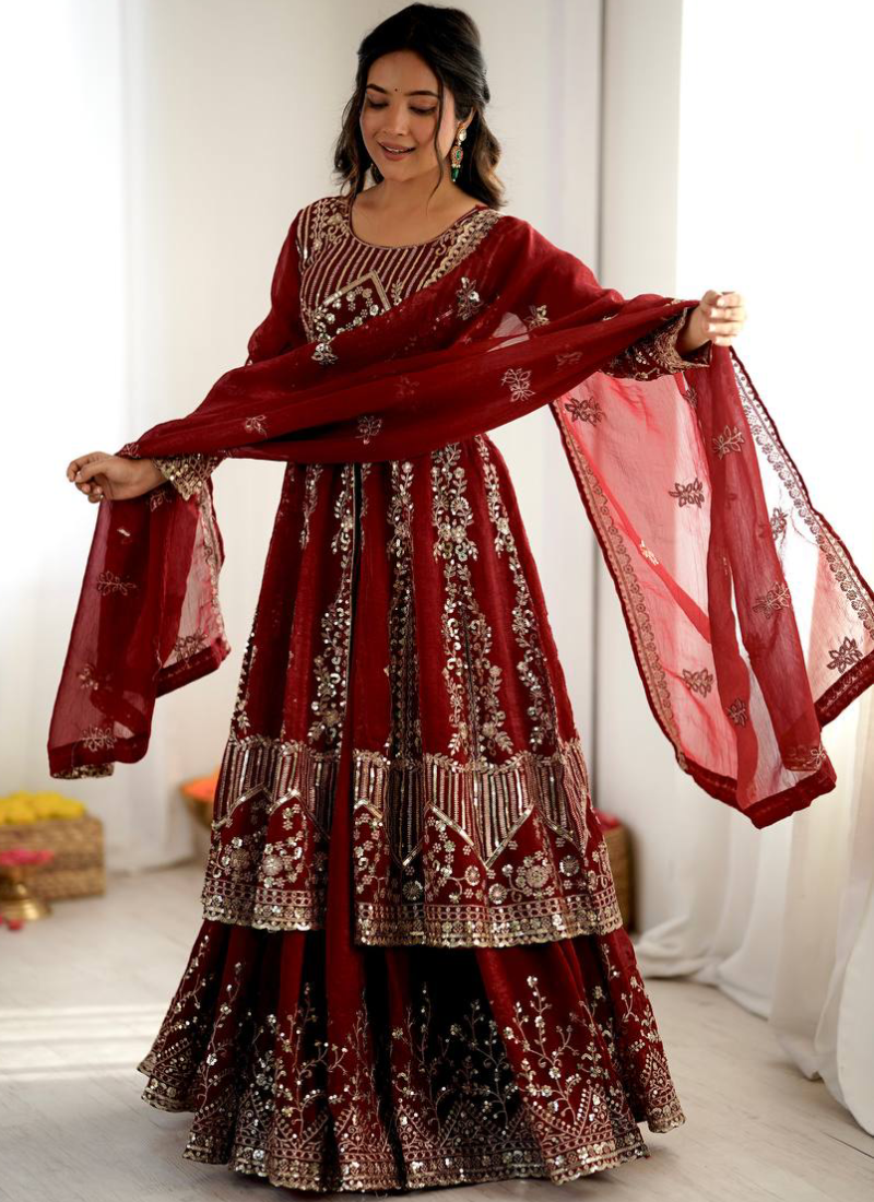 Heavy Sequence Embroidered Maroon Crunchy Silk Anarkali Lehenga Set