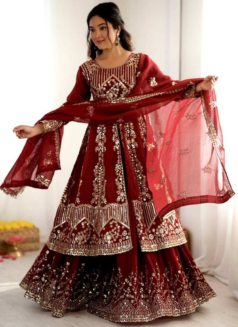 Heavy Sequence Embroidered Maroon Crunchy Silk Anarkali Lehenga Set