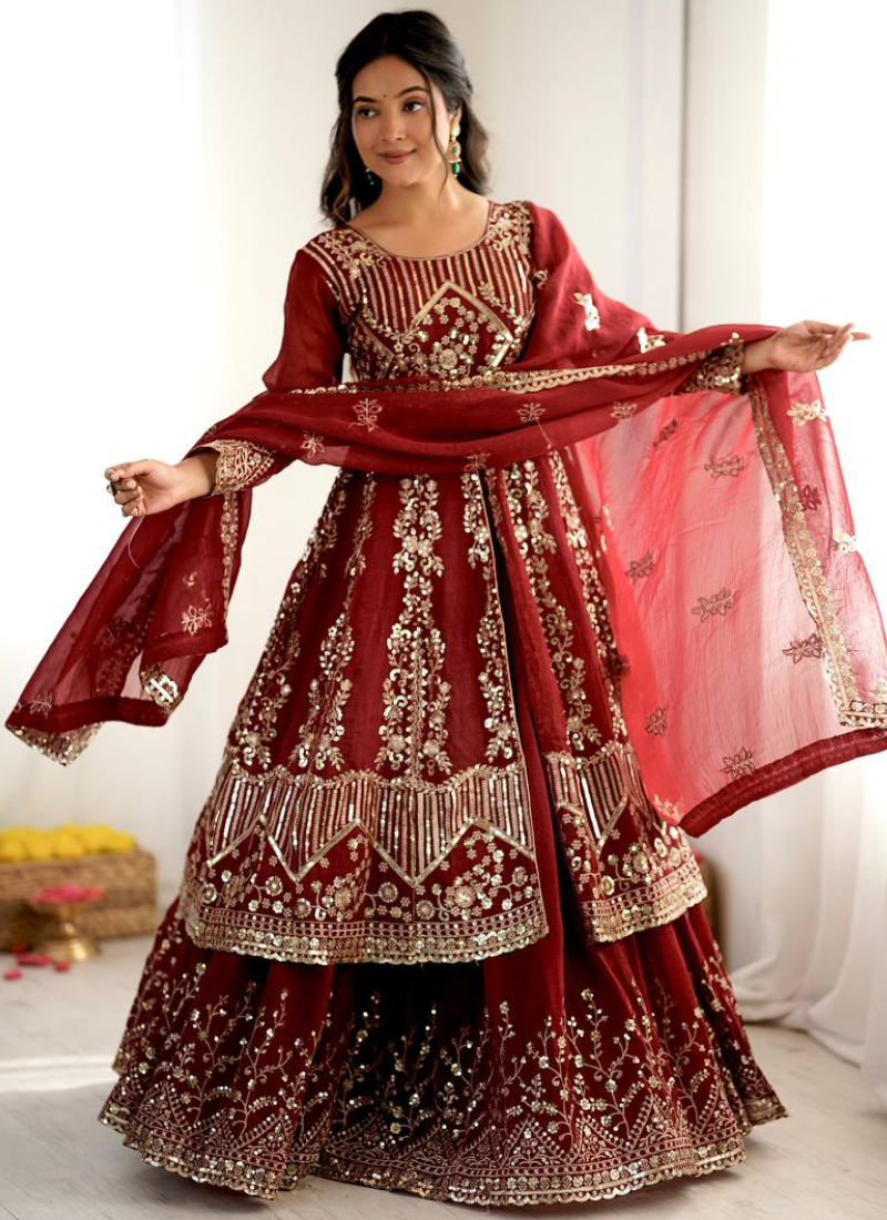 Heavy Sequence Embroidered Maroon Crunchy Silk Anarkali Lehenga Set