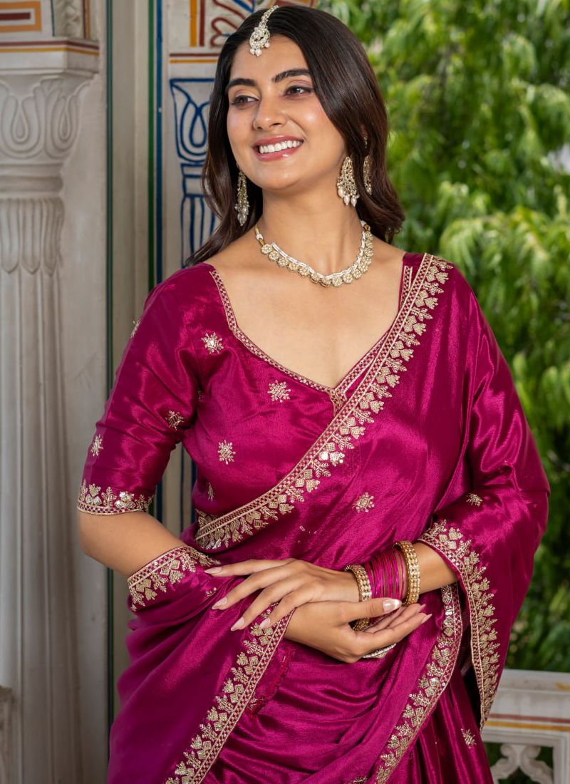 Heavy Sequence Embroidery Chinon Silk Attractive Rani Pink Lehenga Set