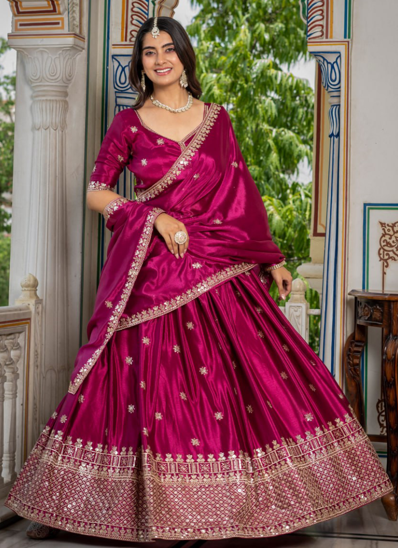 Heavy Sequence Embroidery Chinon Silk Attractive Rani Pink Lehenga Set