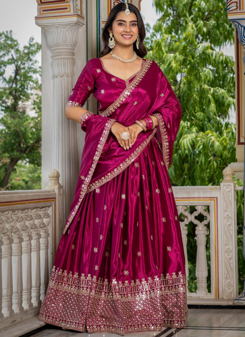 Heavy Sequence Embroidery Chinon Silk Attractive Rani Pink Lehenga Set