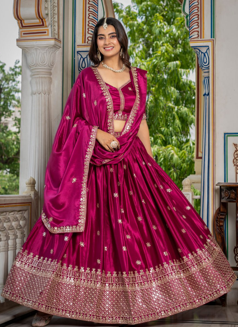Heavy Sequence Embroidery Chinon Silk Attractive Rani Pink Lehenga Set