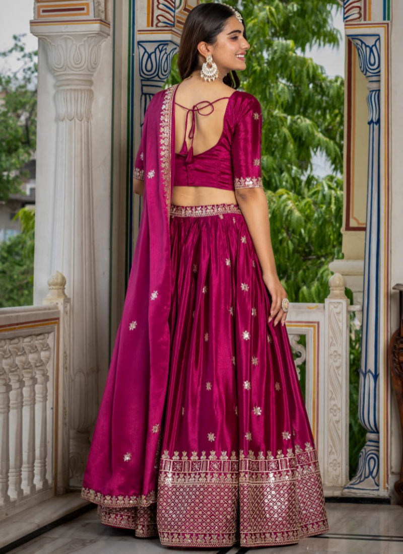 Heavy Sequence Embroidery Chinon Silk Attractive Rani Pink Lehenga Set