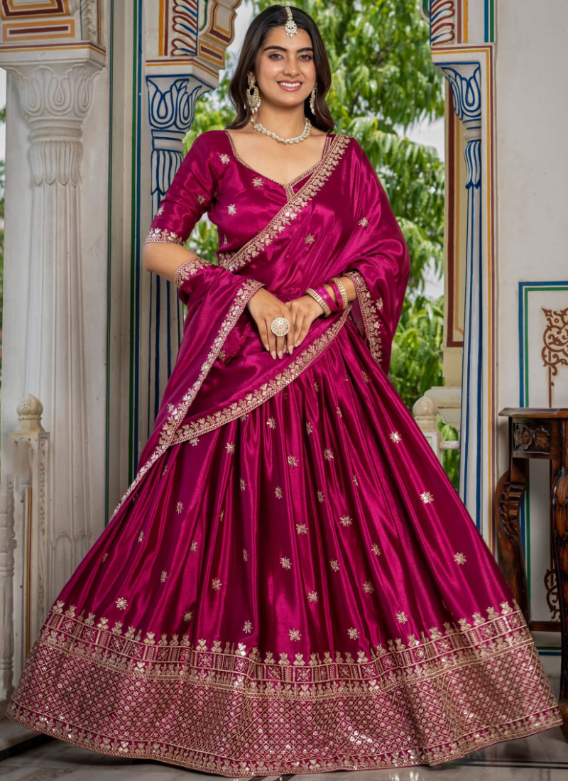 Heavy Sequence Embroidery Chinon Silk Attractive Rani Pink Lehenga Set