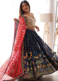 Heavy Thread Embroidered Georgette Navy Blue Wedding Lehenga Choli