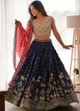 Heavy Thread Embroidered Georgette Navy Blue Wedding Lehenga Choli