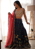 Heavy Thread Embroidered Georgette Navy Blue Wedding Lehenga Choli