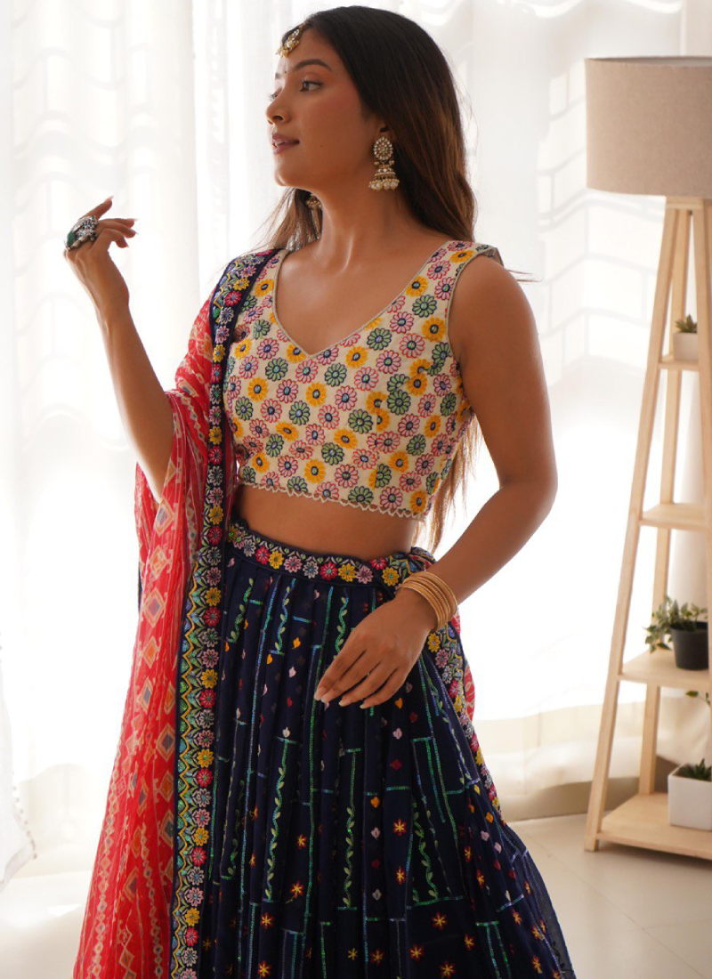 Heavy Thread Embroidered Georgette Navy Blue Wedding Lehenga Choli