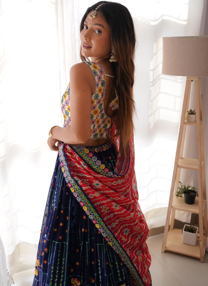Heavy Thread Embroidered Georgette Navy Blue Wedding Lehenga Choli