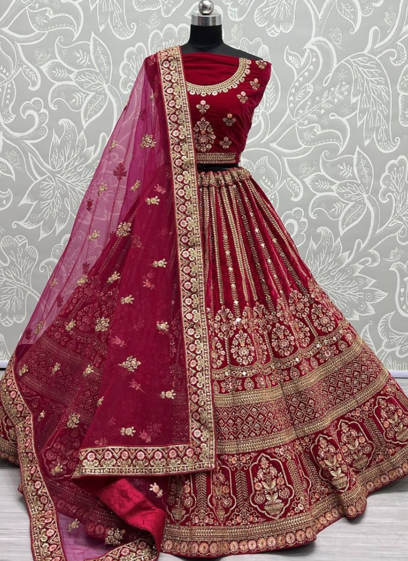 Heavy Velvet Dark Pink Multi Thread Work Bridal Lehenga Choli