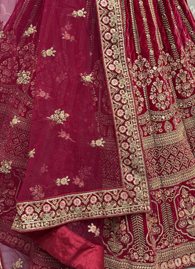 Heavy Velvet Dark Pink Multi Thread Work Bridal Lehenga Choli