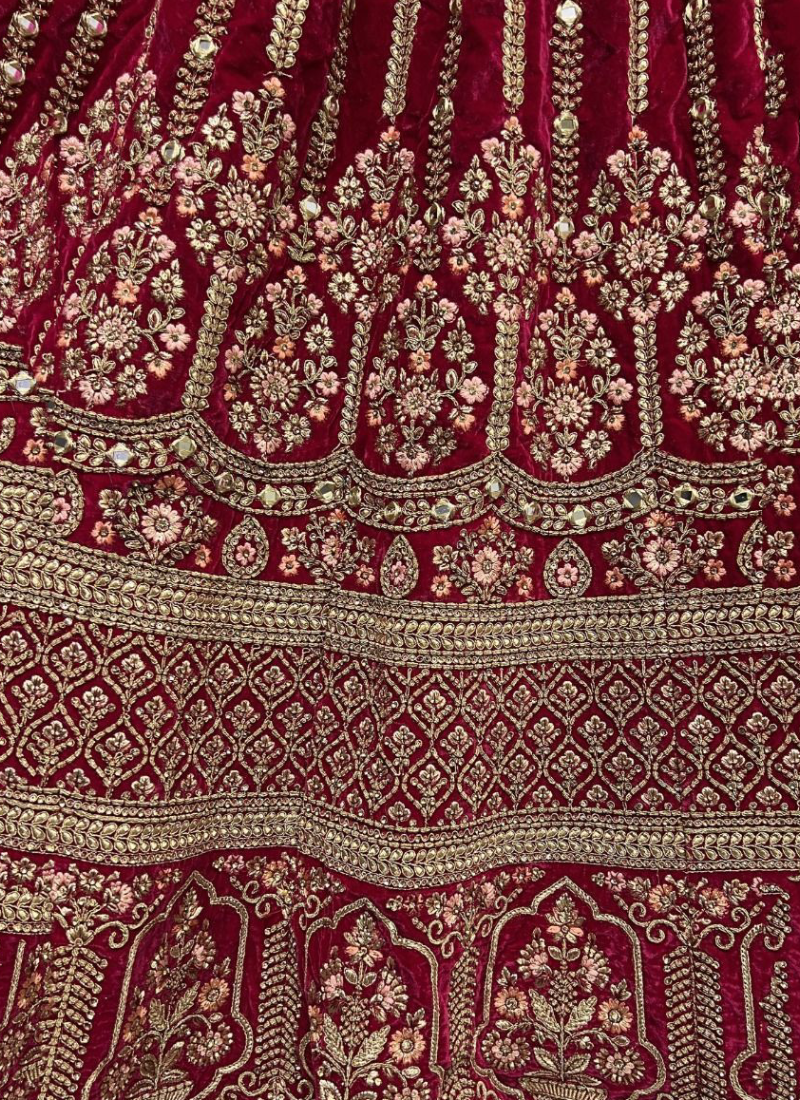 Heavy Velvet Dark Pink Multi Thread Work Bridal Lehenga Choli