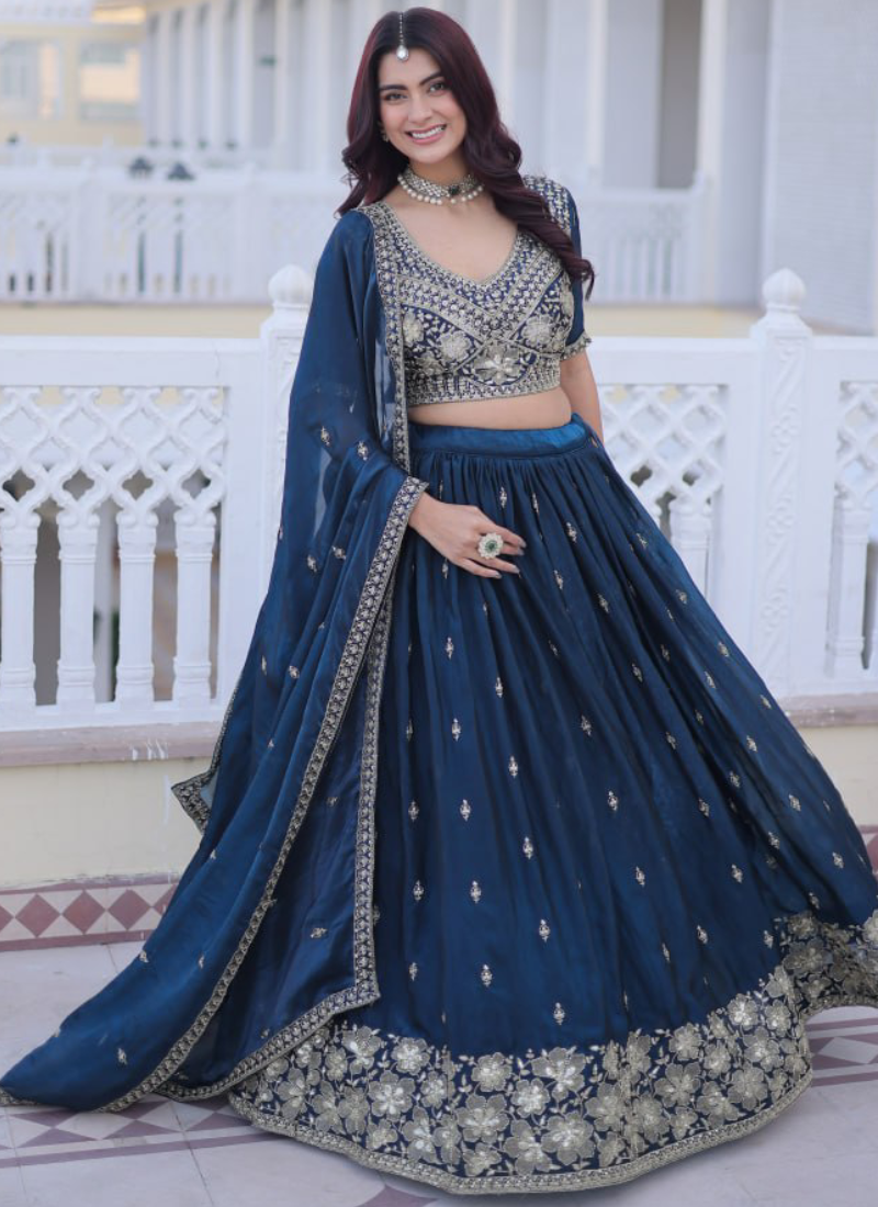 Heavy Zari Embroidered Fendy Silk Designer Navy Blue Lehenga For Women