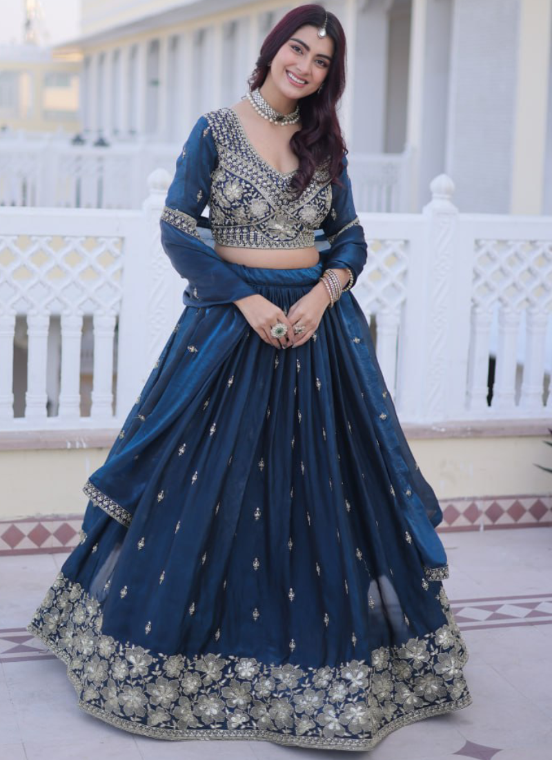 Heavy Zari Embroidered Fendy Silk Designer Navy Blue Lehenga For Women