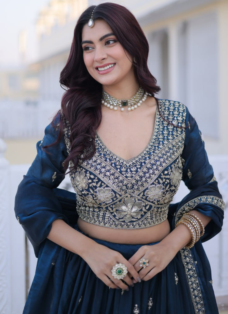 Heavy Zari Embroidered Fendy Silk Designer Navy Blue Lehenga For Women