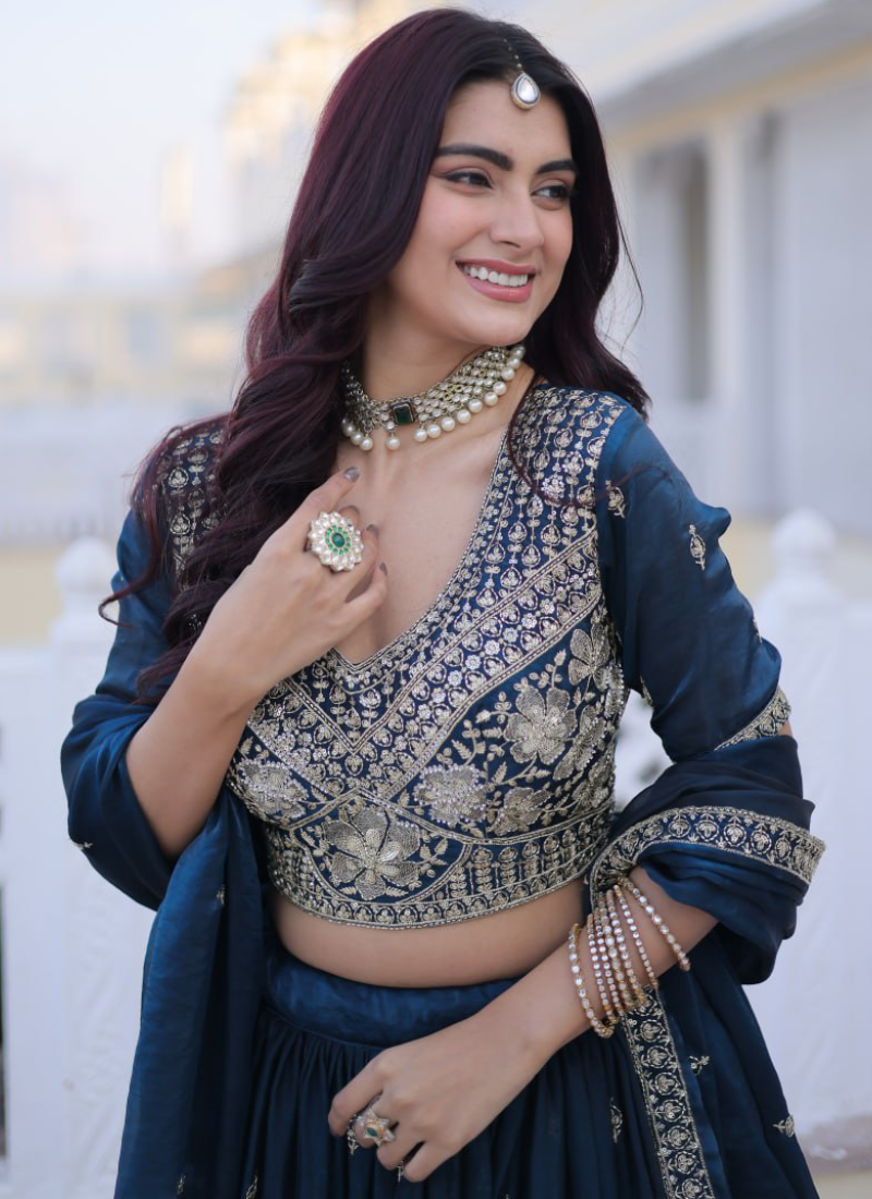 Heavy Zari Embroidered Fendy Silk Designer Navy Blue Lehenga For Women