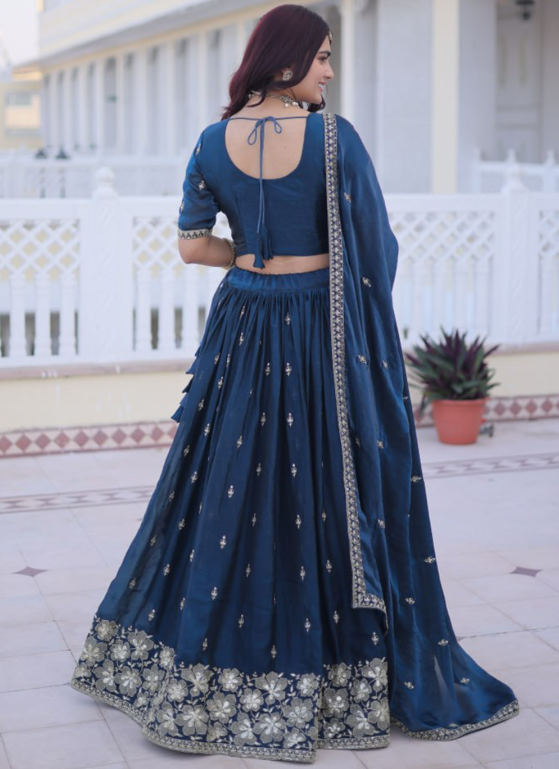 Heavy Zari Embroidered Fendy Silk Designer Navy Blue Lehenga For Women