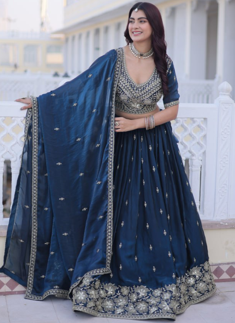 Heavy Zari Embroidered Fendy Silk Designer Navy Blue Lehenga For Women