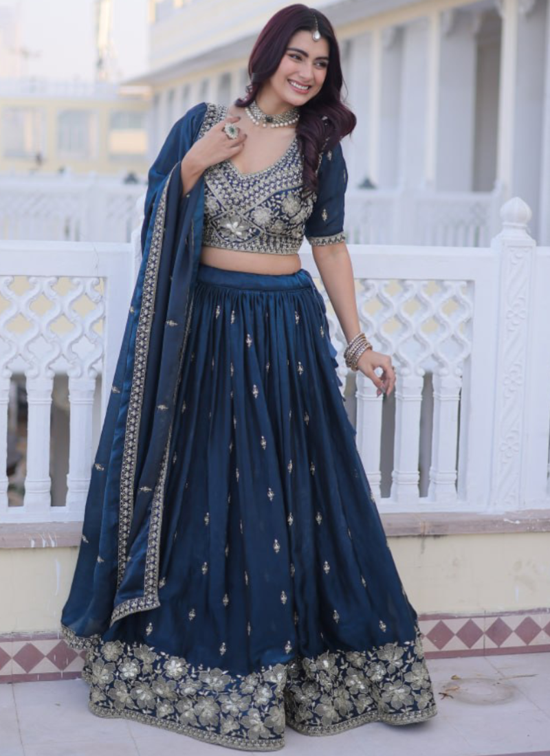 Heavy Zari Embroidered Fendy Silk Designer Navy Blue Lehenga For Women