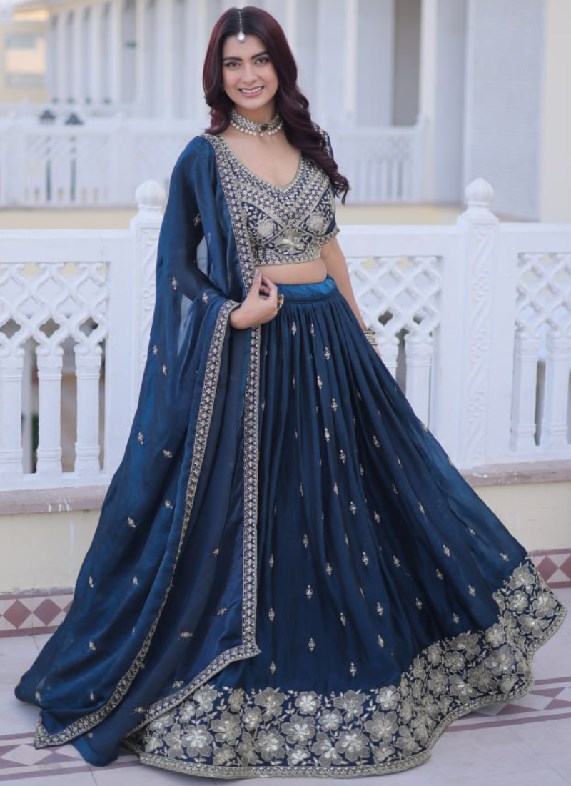 Heavy Zari Embroidered Fendy Silk Designer Navy Blue Lehenga For Women