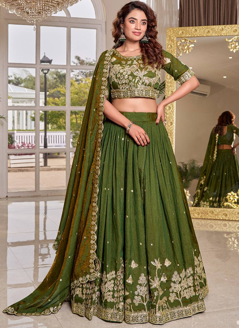 Heavy Zari Embroidered Vichitra Silk Dark Green Mehndi Wear Lehenga