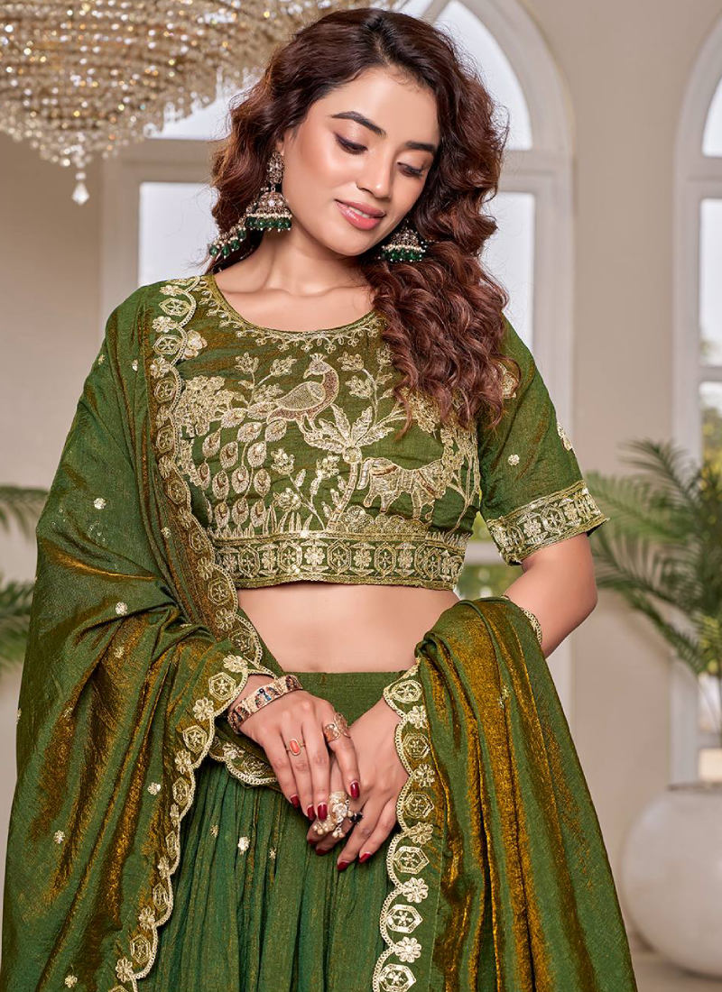 Heavy Zari Embroidered Vichitra Silk Dark Green Mehndi Wear Lehenga