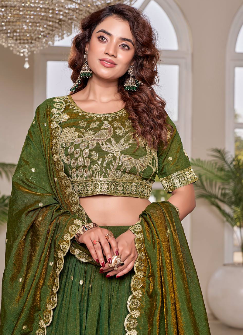 Heavy Zari Embroidered Vichitra Silk Dark Green Mehndi Wear Lehenga