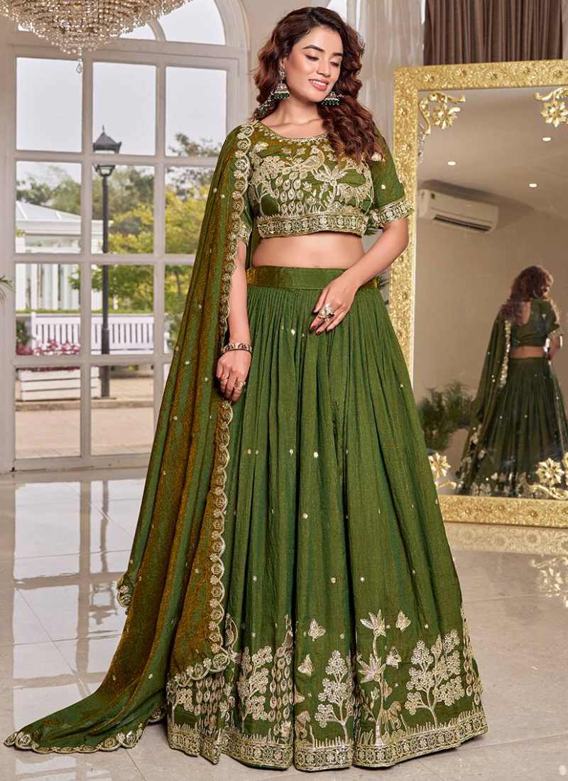 Heavy Zari Embroidered Vichitra Silk Dark Green Mehndi Wear Lehenga
