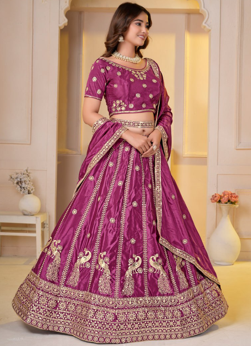Heavy Zari Sequence Embroidered Chinon Silk Rani Pink Lehenga Choli