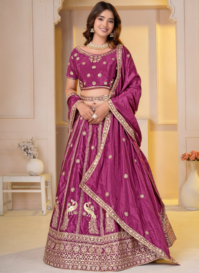 Heavy Zari Sequence Embroidered Chinon Silk Rani Pink Lehenga Choli