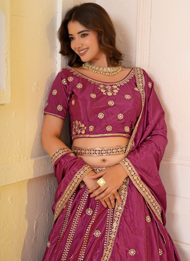 Heavy Zari Sequence Embroidered Chinon Silk Rani Pink Lehenga Choli