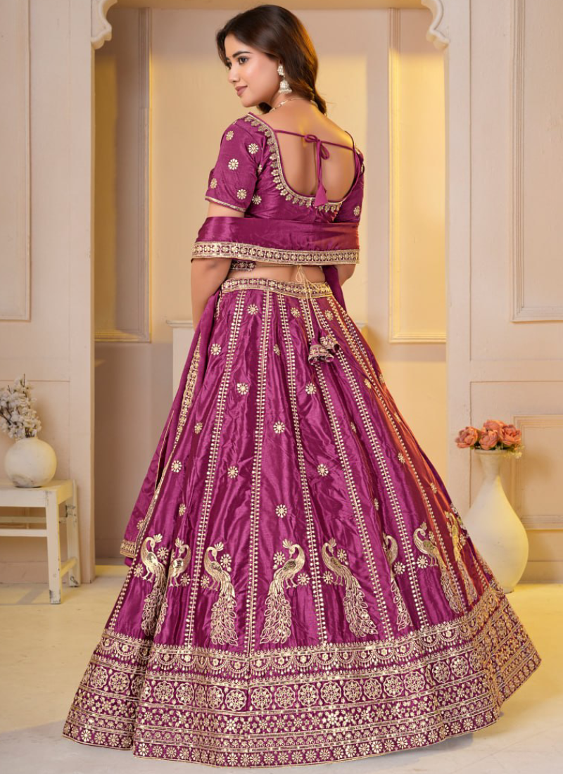 Heavy Zari Sequence Embroidered Chinon Silk Rani Pink Lehenga Choli